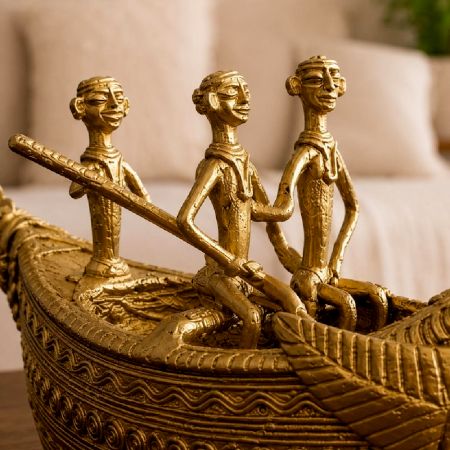 Handcrafted Brass Dhokra Peacock Boat Sculpture
